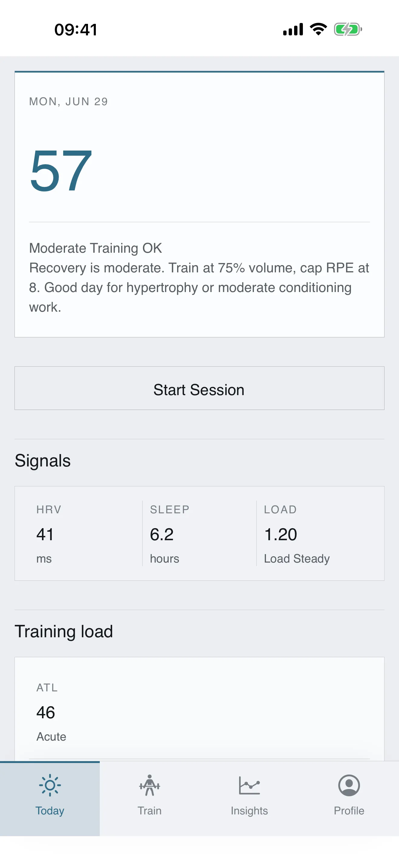 Tuwa Today screen showing a readiness score, daily training guidance, recovery signals, and training load.