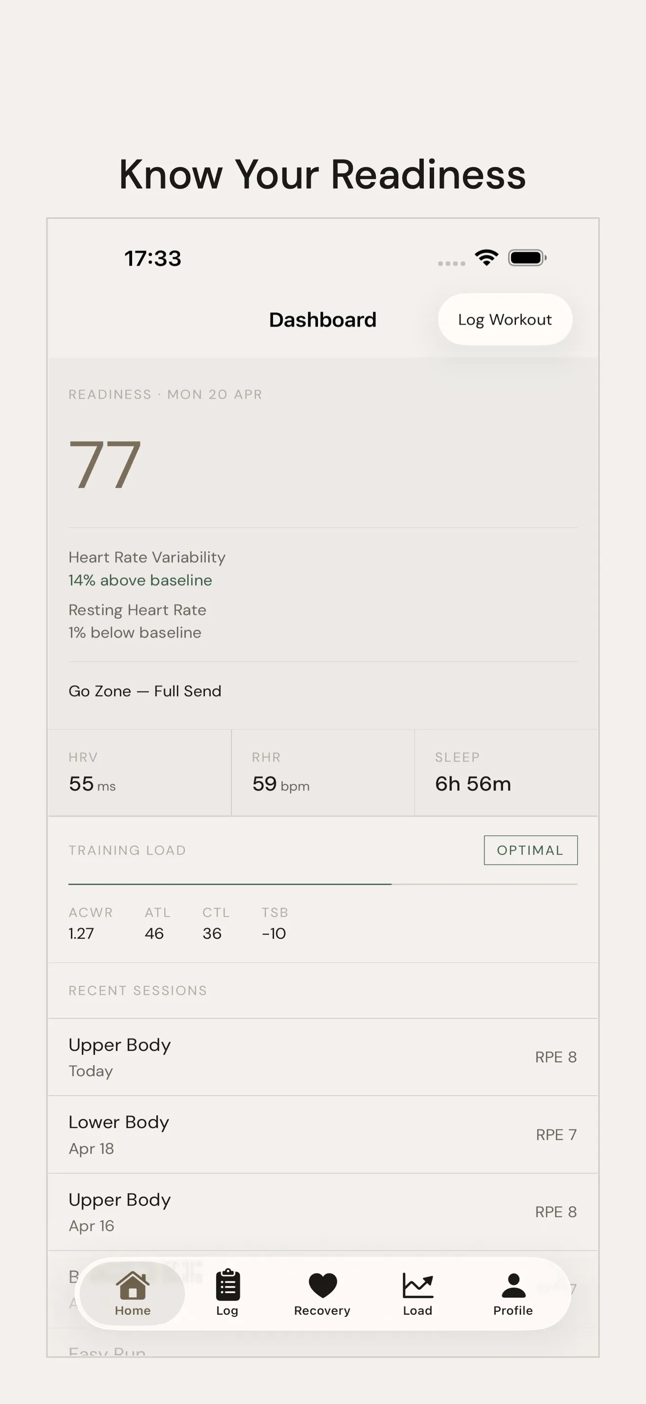Tuwa app showing today's recovery score of 82 — HRV in green zone, sleep 7.5 hours.